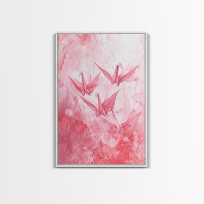 Origami Cranes Canvas Print Japanese Inspired Light Pink Wall Art Whimsical Minimalist Rustic Aesthetic Unique Gift Idea Art