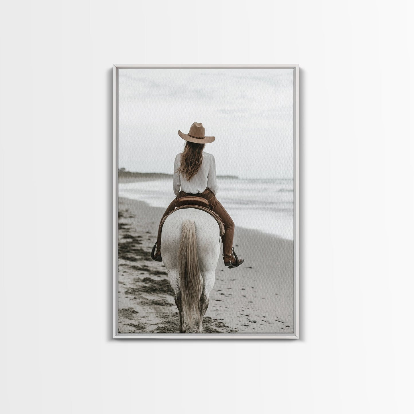 Serene Beach Ride Canvas Print Horse and Ocean Wall Art Coastal Cowgirl Rustic Decor Framed Canvas Home Living Room Artwork Gift