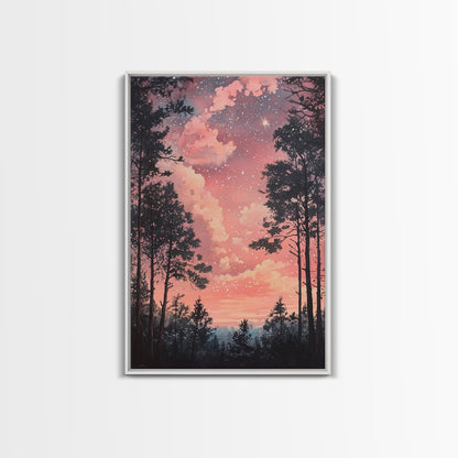 Starry forest scene painting on framed canvas print, forest at dusk painting, smoky mountain art, wabi sabi art, above couch decor