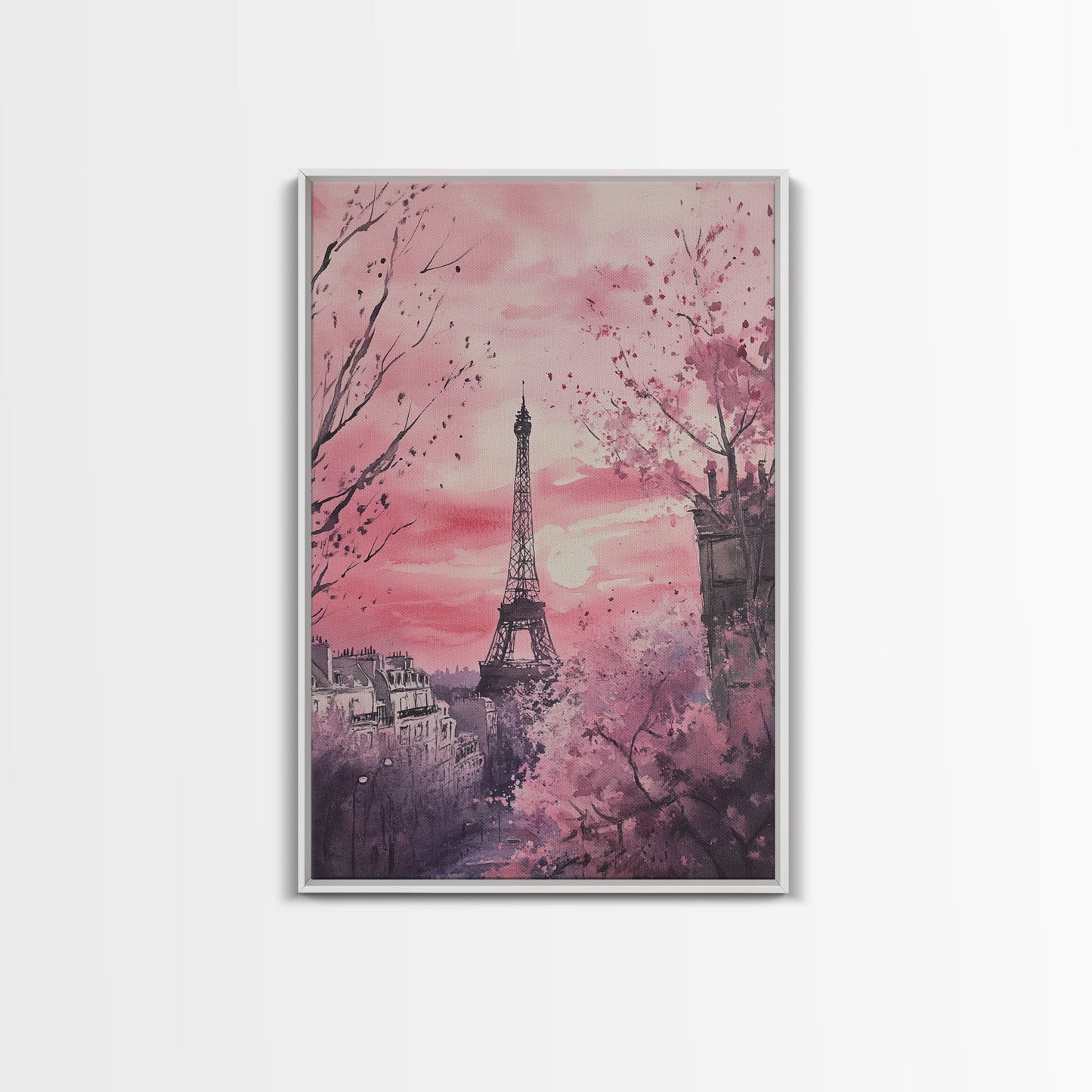 Paris Eiffel Tower Canvas Print Cherry Blossom Painting Romantic Cityscape Art Bedroom Wall Art Boho Dorm Rustic Decor Gift