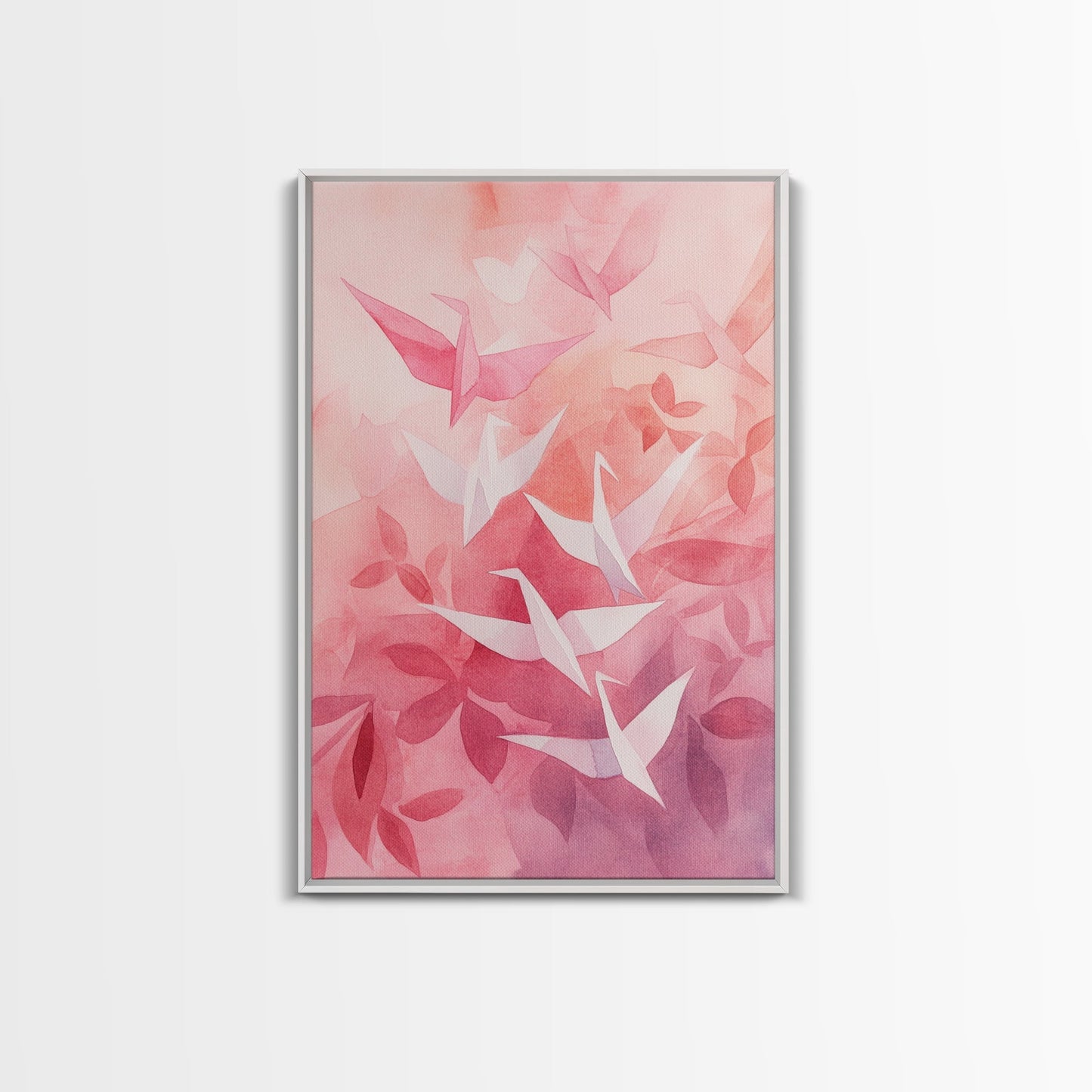 Origami Crane Painting Framed Canvas Print Whimsical Wall Art Light Pink Room Decor Minimalist Art Cherry Blossom Inspired Gift Idea
