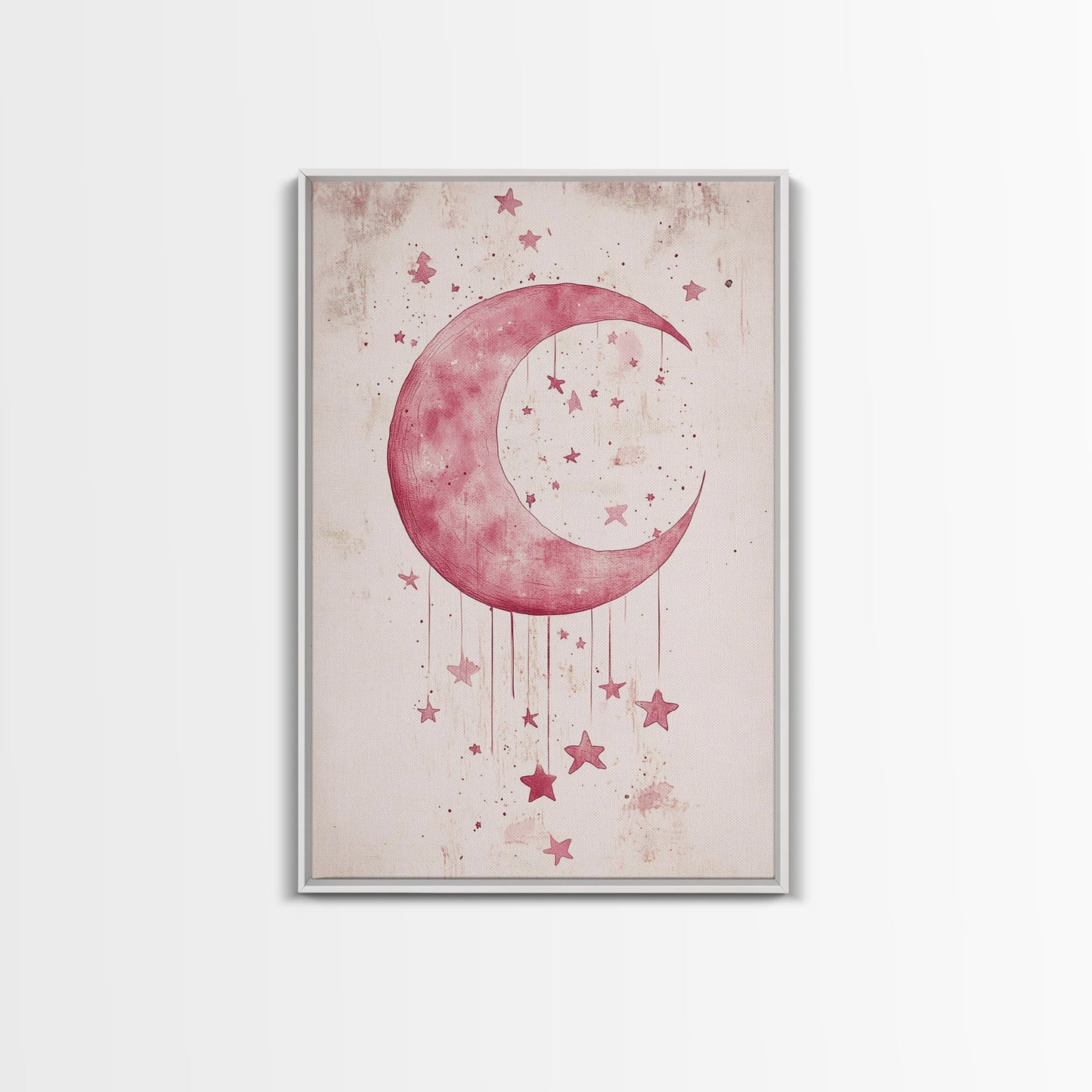 Crescent Moon and Stars Framed Canvas Print Mystical Boho Art Zen Wall Art Light Pink Wall Art Bedroom Art Dreamy Night Sky Decor