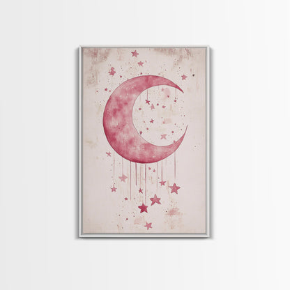 Crescent Moon and Stars Framed Canvas Print Mystical Boho Art Zen Wall Art Light Pink Wall Art Bedroom Art Dreamy Night Sky Decor