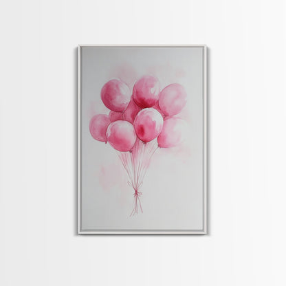 Pink Abstract Balloon Bouquet Framed Canvas Print, Whimsical Party Wall Art Light Pink Decor, Ideal Rustic Bedroom Aesthetic