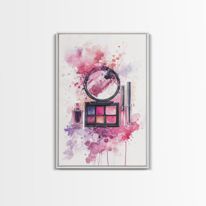 Makeup palette splash art vibrant beauty decor framed canvas print modern girly aesthetic perfect gift idea unique pink abstract art piece