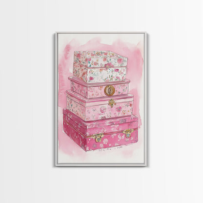 Floral stackable decorative boxes framed canvas print chic boho decor whimsical rustic art idea cozy wall decor charming bedroom addition