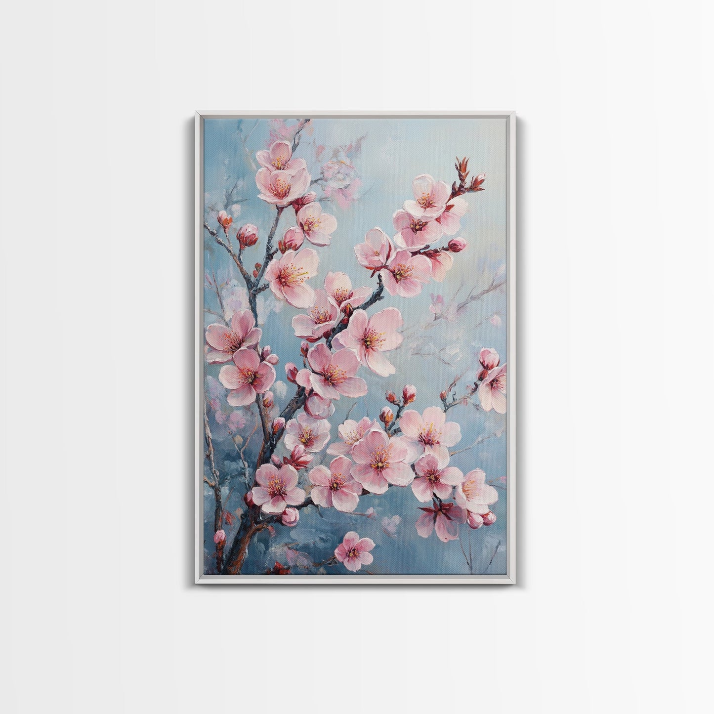 Cherry Blossom Painting Framed Canvas Print | Japanese Sakura Wall Art | Light Pink Wall Art Above Sofa Decor | Floral Nature Print