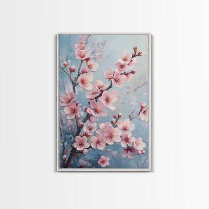 Cherry Blossom Painting Framed Canvas Print | Japanese Sakura Wall Art | Light Pink Wall Art Above Sofa Decor | Floral Nature Print