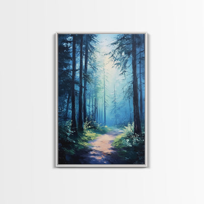 Enchanting Forest Canvas Print, Moody Blue Landscape Painting with Pine Tree Art, Above Sofa Rustic Wall Artwork