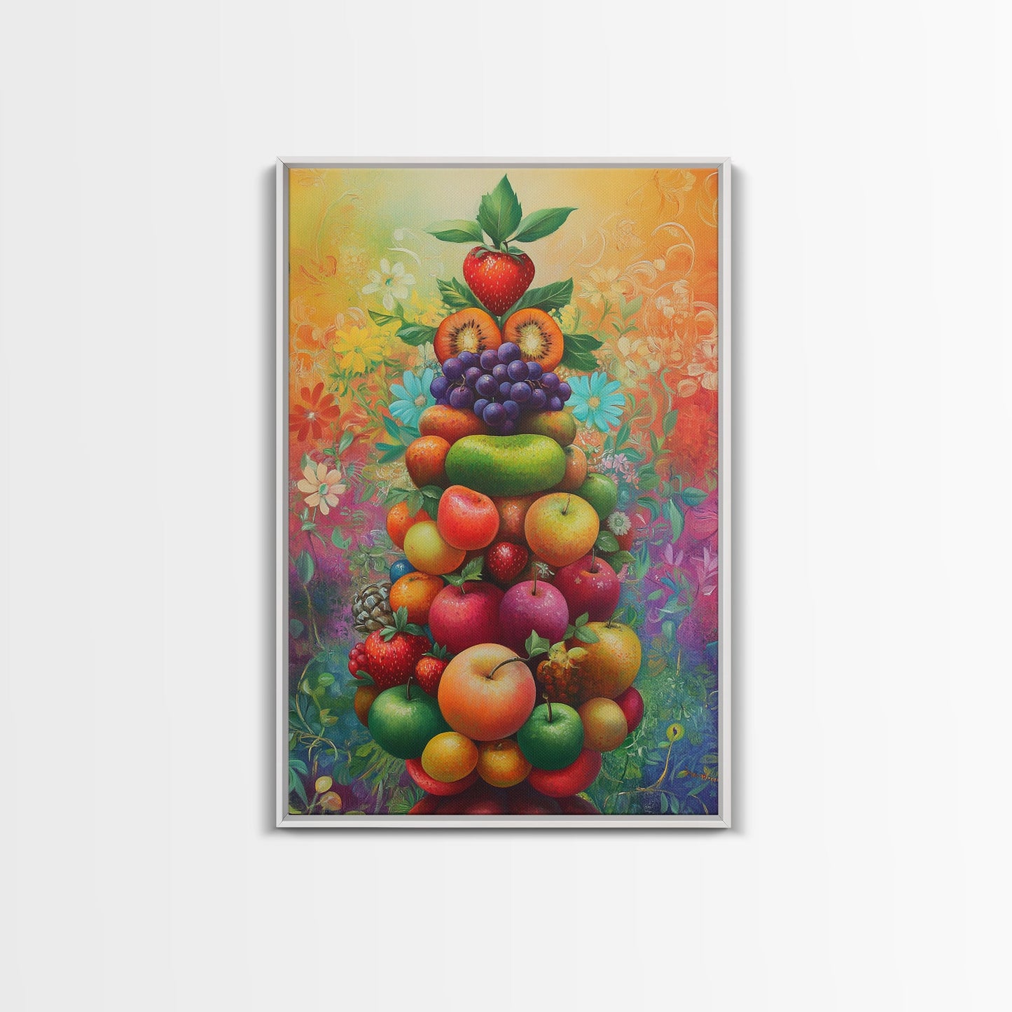 Fruit Pyramid Canvas Print with Whimsical Still Life Art, Vibrant Food Review Wall Art, Rustic Farmhouse Decor for Kitchen or Dining Area