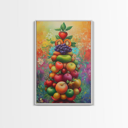 Fruit Pyramid Canvas Print with Whimsical Still Life Art, Vibrant Food Review Wall Art, Rustic Farmhouse Decor for Kitchen or Dining Area