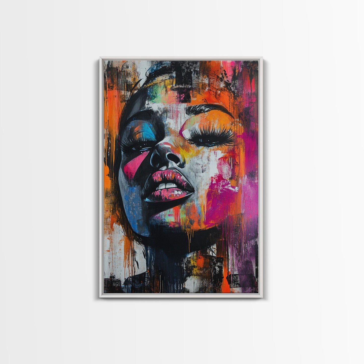 Vibrant Abstract Face Framed Canvas Print, Moody Woman Wall Art, Boho Living Room Decor, Gift Idea for Her, Unique Rustic Art