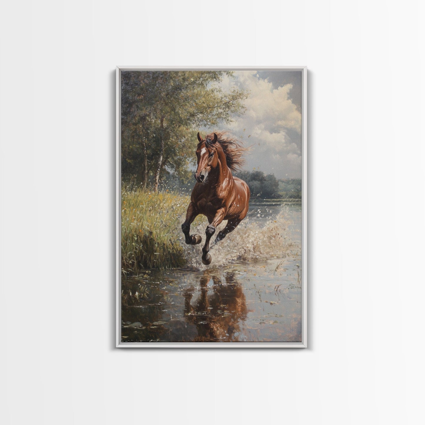 Splashed Stallion Crossing Water Framed Canvas Print Vintage Horse Art Rustic Wall Art Living Room Gift Idea Boho Style