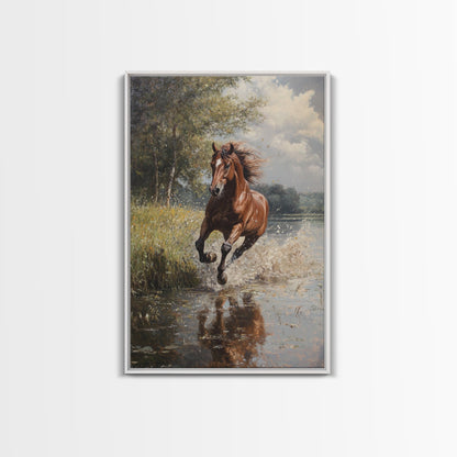 Splashed Stallion Crossing Water Framed Canvas Print Vintage Horse Art Rustic Wall Art Living Room Gift Idea Boho Style