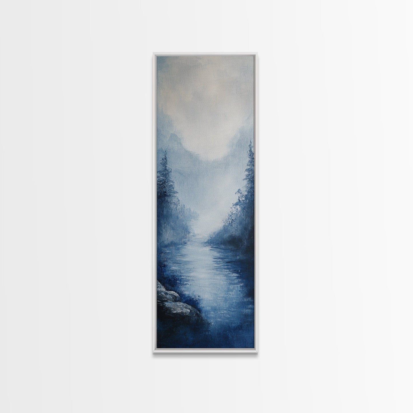 Misty Mountains, smoky mountain art, moody art, panoramic painting, vertical wall art, rustic decor, Canvas Print