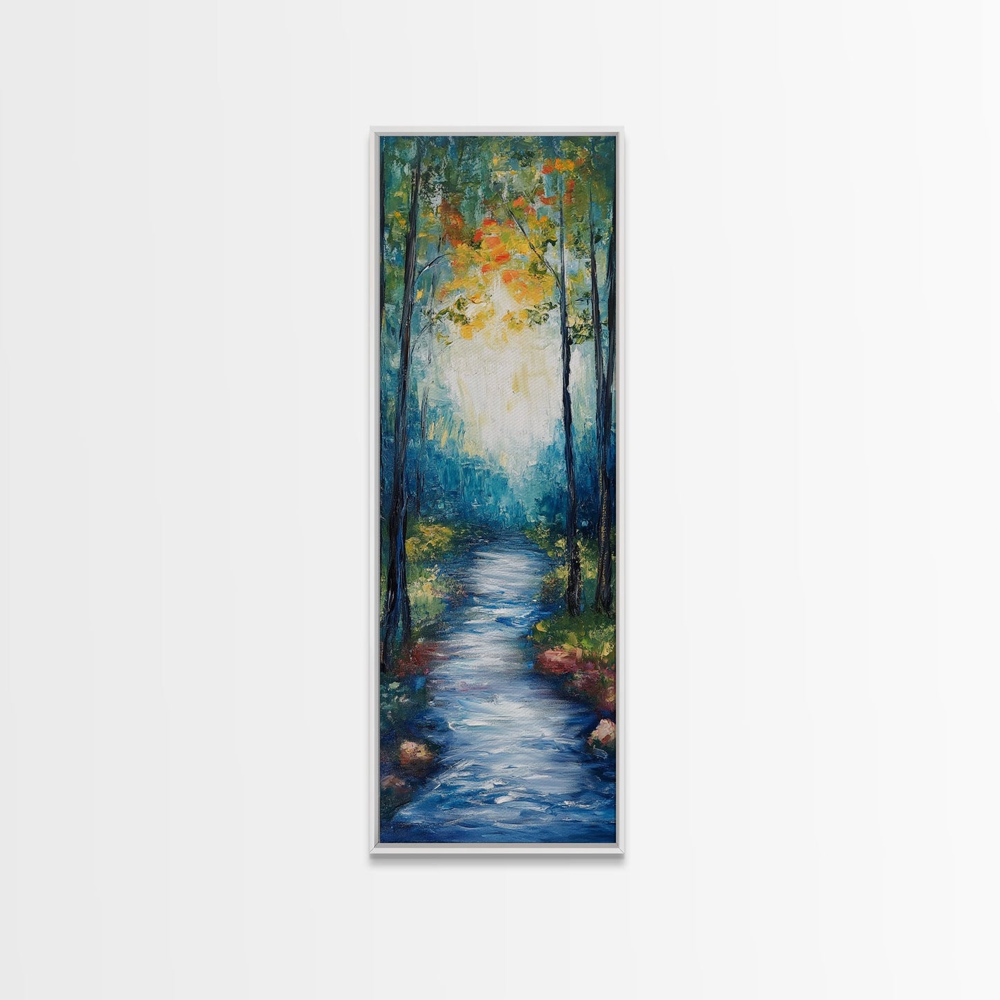 Autumn Forest Path, forest at dusk painting, birch tree painting, moody art, landscape painting, vertical wall art, Canvas Print