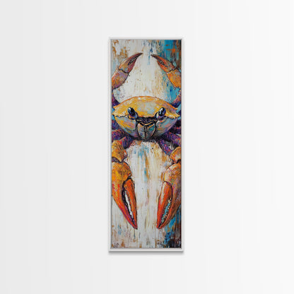 Colorful crab, coastal cowgirl wall art, crayfish painting, nautical wall art, framed canvas print, tall skinny art, rustic décor