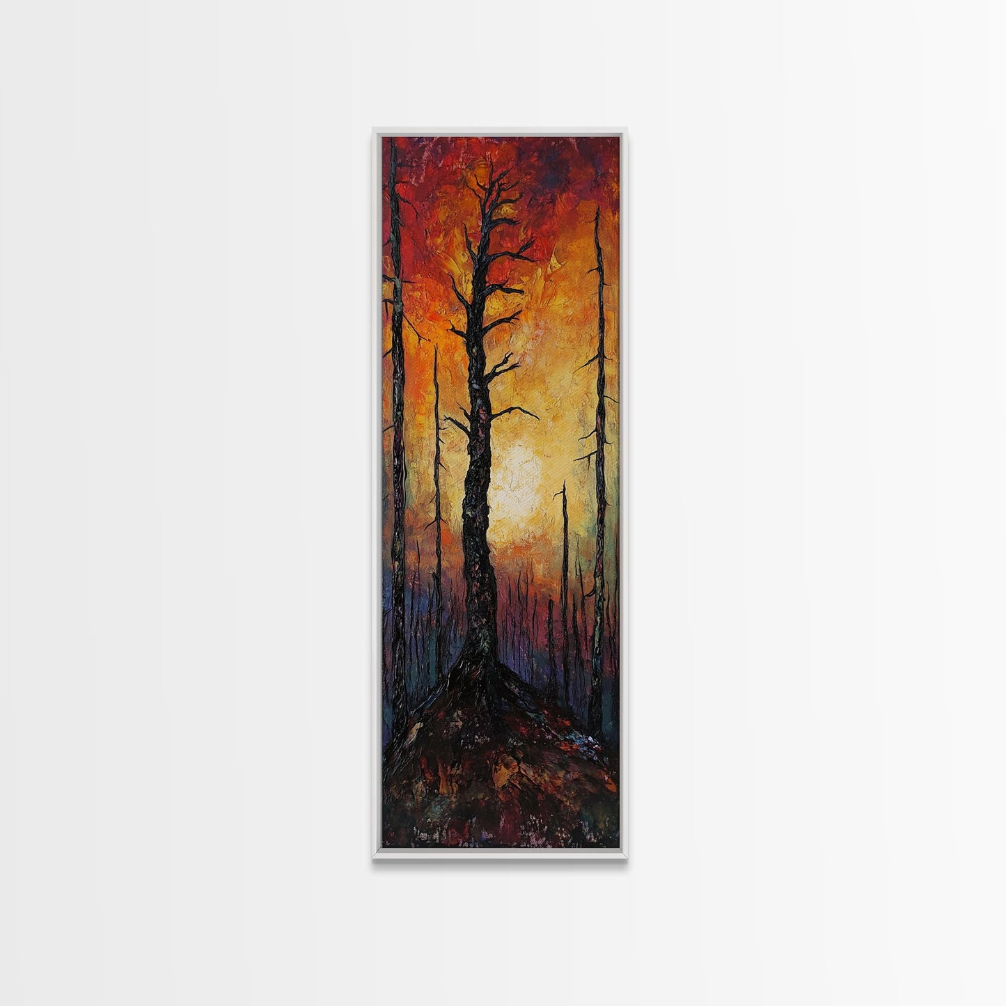 Burnt forest, pine tree art, moody wall art, forest at dusk painting, dark romance painting, autumn art, framed canvas print