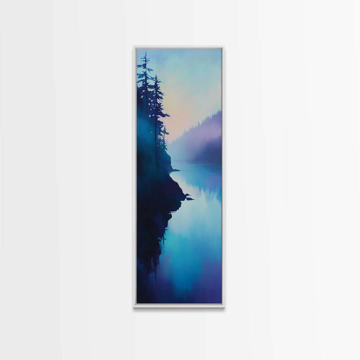 Misty Lake, forest at dusk painting, blue and green wall art, moody art, vertical wall art, pine tree art, framed canvas print