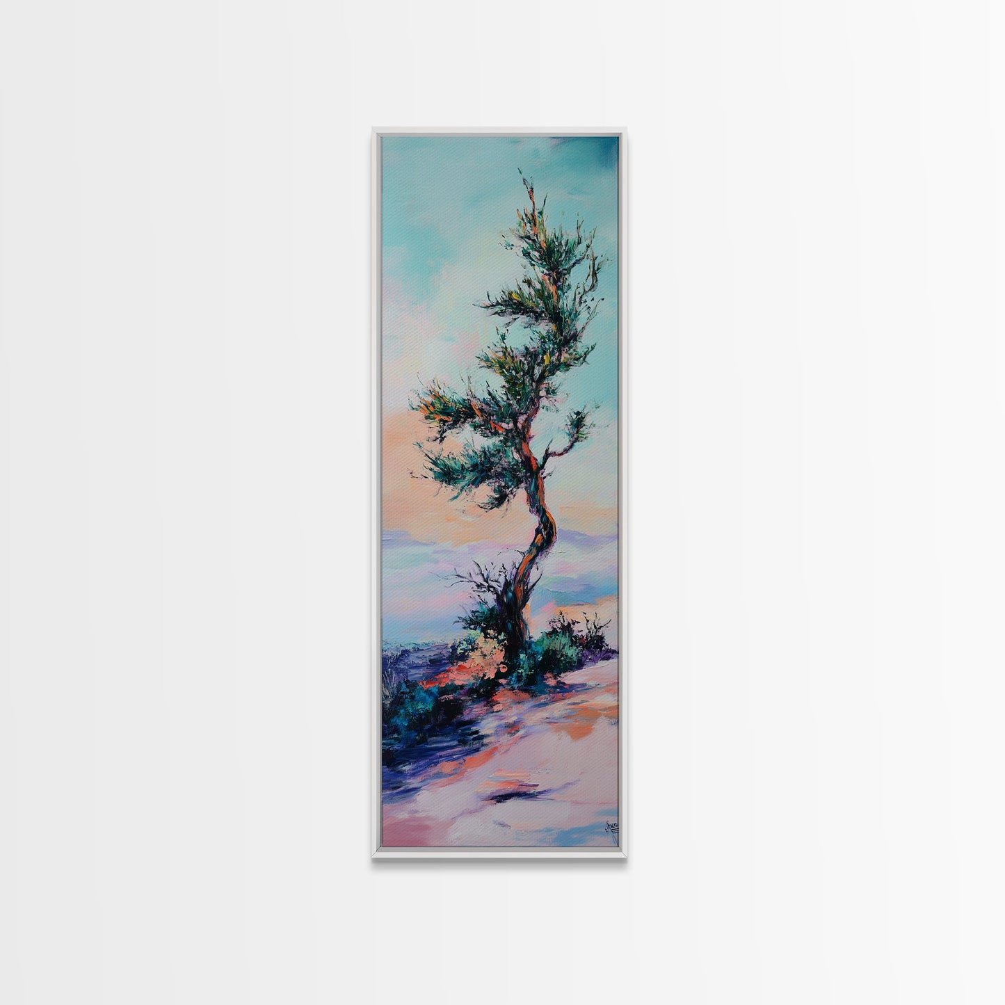 Windblown Tree, Joshua tree art, southwest wall art, rustic decor, landscape painting, framed canvas print, tall skinny art