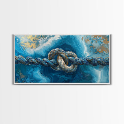 Ozeanseil, maritime Dekoration, blau-goldene Wandkunst, Küstenmalerei, Seestückmalerei, horizontale Wandkunst, gerahmter Leinwanddruck