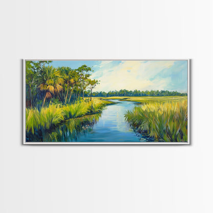 Marschlandschaft-Motiv, Palmenbild, tropische Landschaft, Küstendekor, grüne Wandkunst, rustikale Wandkunst, gerahmter Leinwanddruck