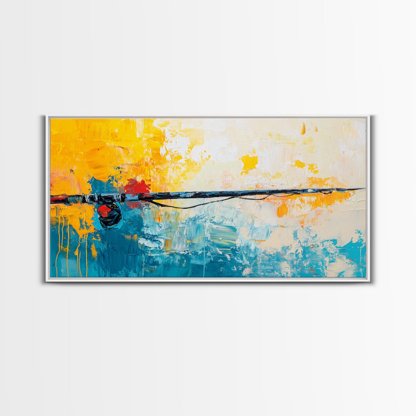 Fishing Rod, fly fishing art, nautical painting, coastal cowgirl wall art, rustic decor, blue and gold wall art, Framed Canvas Print