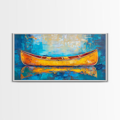Golden Canoe, Framed Canvas Print, fisherman painting, lake Tahoe art, rustic decor, nautical decor, extra wide art, landscape painting