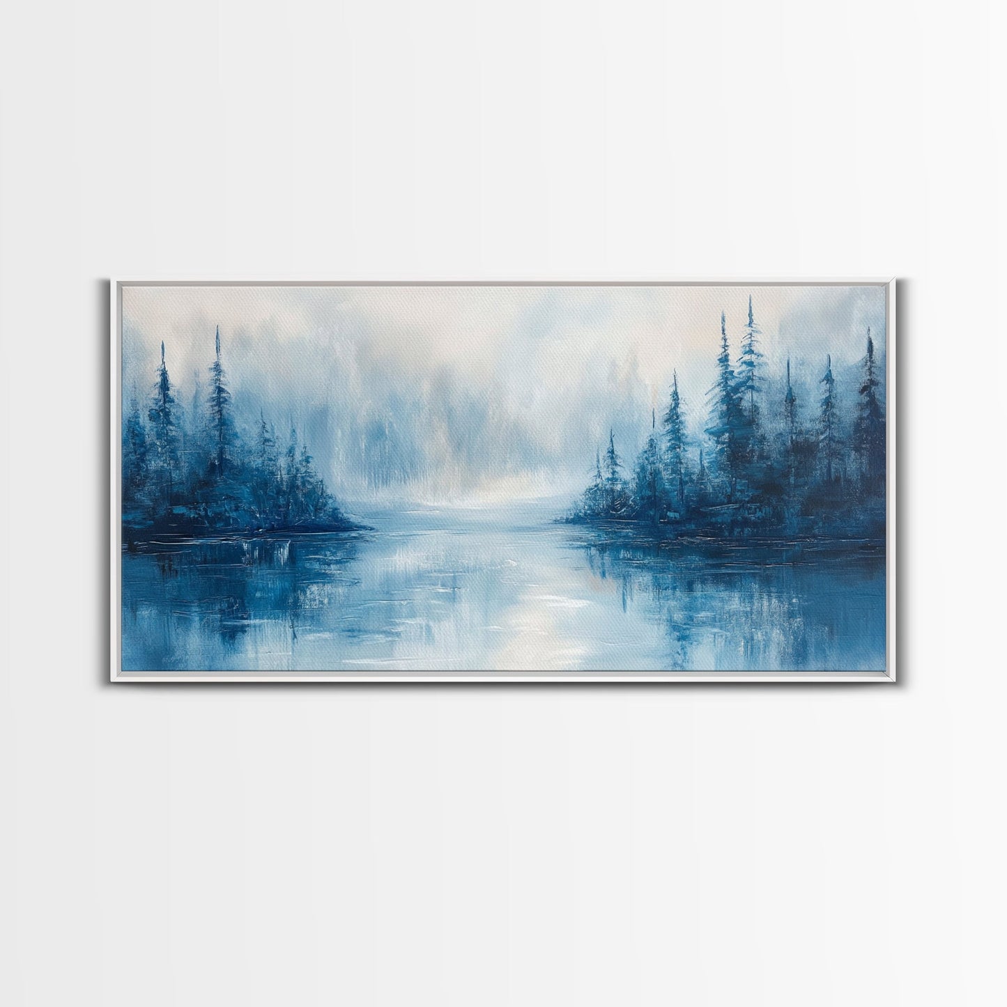 Neblige Seelandschaft, Stimmungsvolle Kunst, Kiefernlandschaft, Landschaftsgemälde, Gerahmter Leinwanddruck, Schlafzimmerkunst, Wandbild über dem Bett