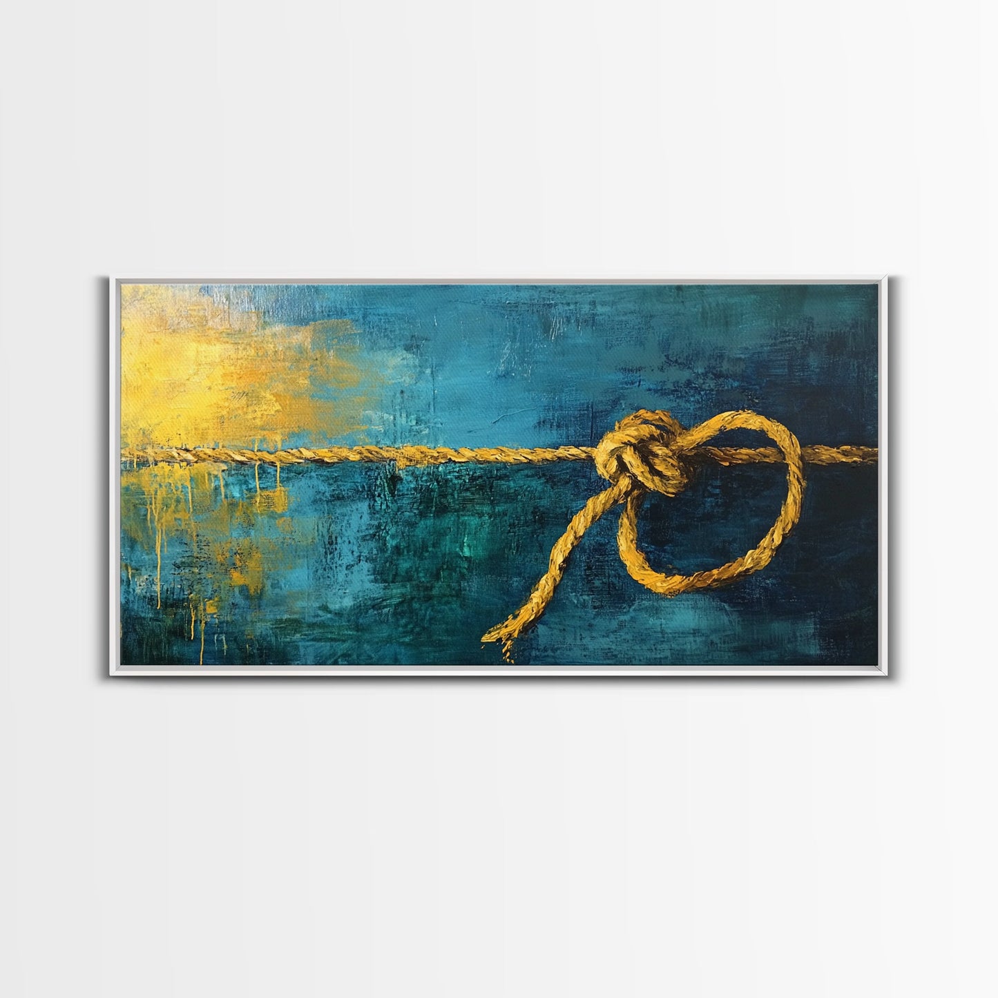 Nautical Knot, coastal wall art, rustic decor, blue and green wall art, ocean painting, framed canvas print, extra wide art