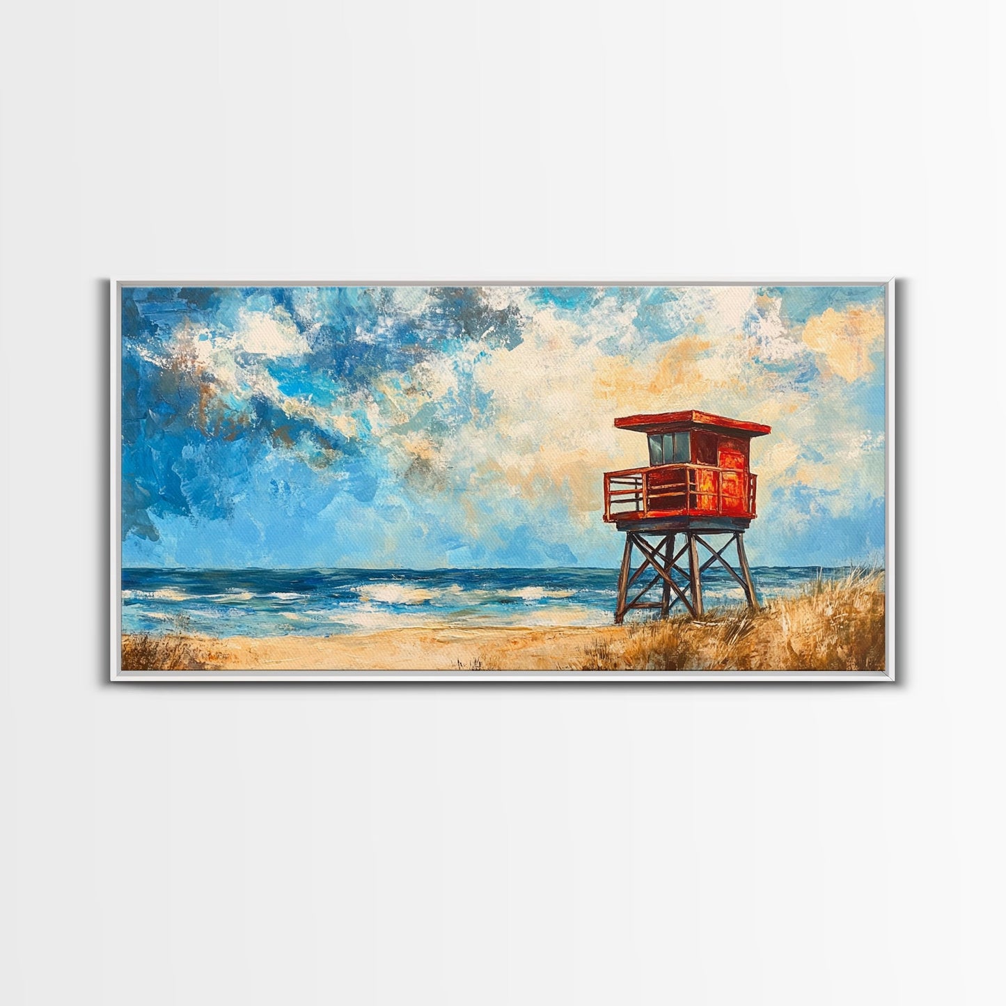 Lifeguard Tower, coastal landscape art, beach painting, seascape painting, nautical wall art, canvas print, horizontal wall art