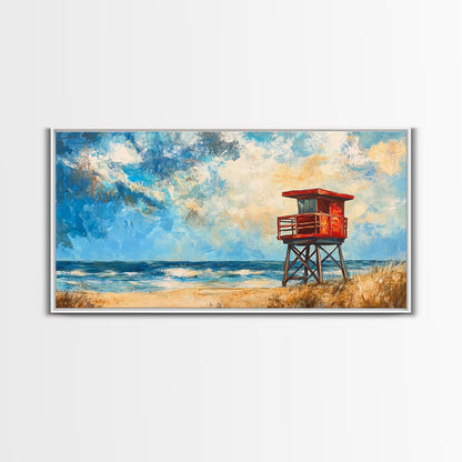 Lifeguard Tower, coastal landscape art, beach painting, seascape painting, nautical wall art, canvas print, horizontal wall art