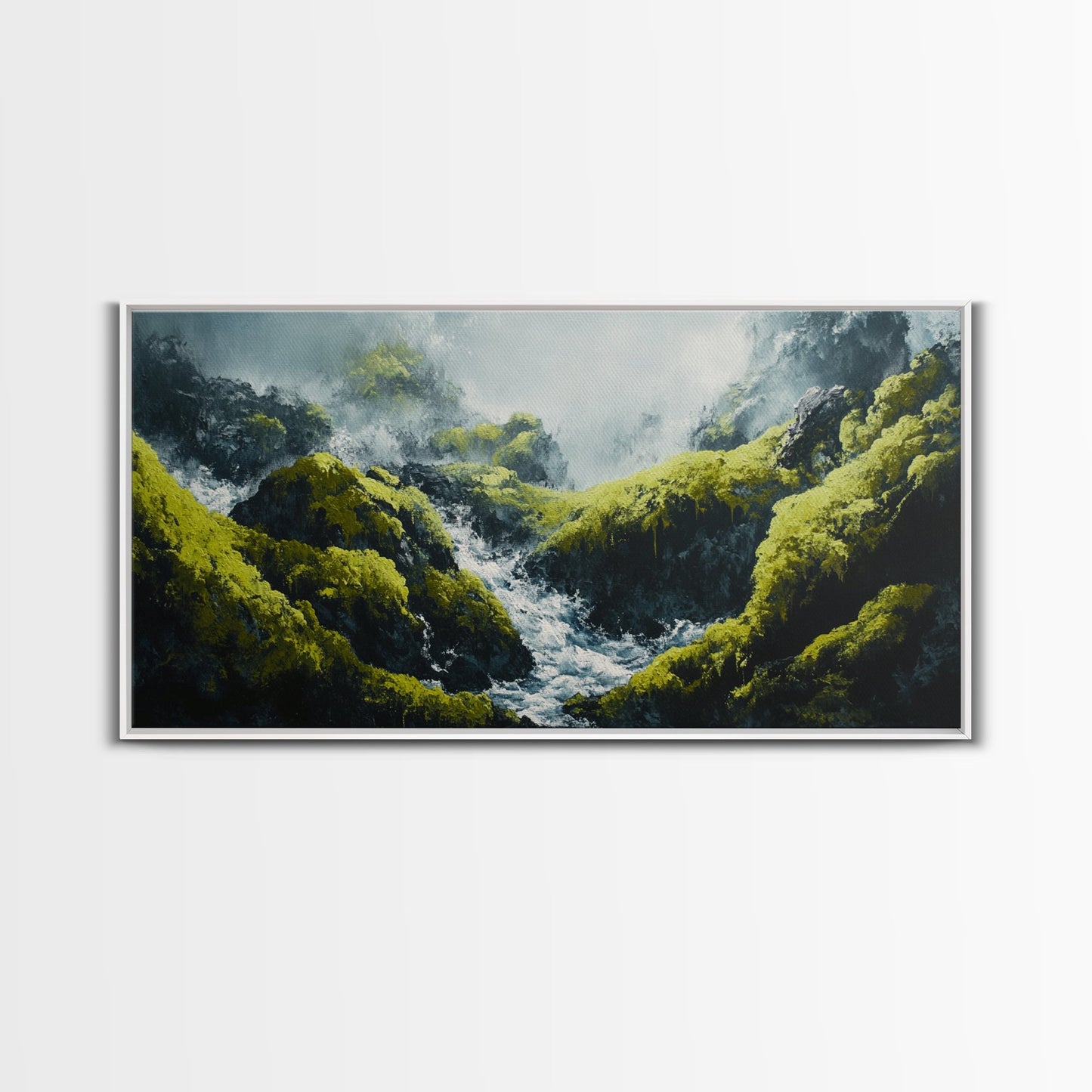 Waterfall Moss, green wall art, framed canvas print, mountain painting, zen wall art, rustic decor, original painting, above couch art