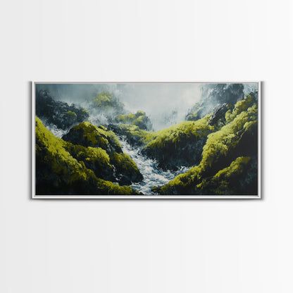 Waterfall Moss, green wall art, framed canvas print, mountain painting, zen wall art, rustic decor, original painting, above couch art