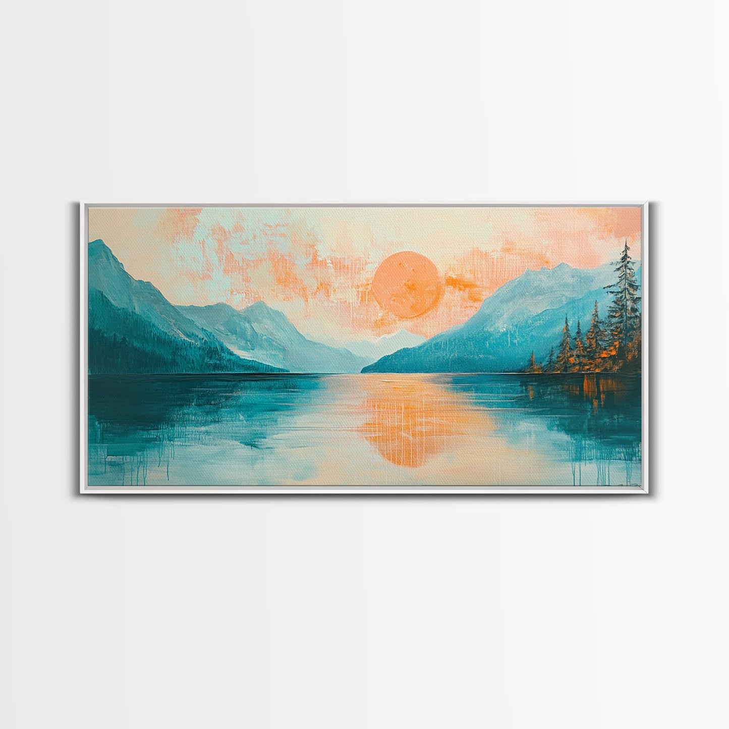 Sunset Lake, Kunst vom Lake Tahoe, gerahmter Leinwanddruck, rosa-orange Wandbild, horizontales Wandbild, Seestück, Küstendeko