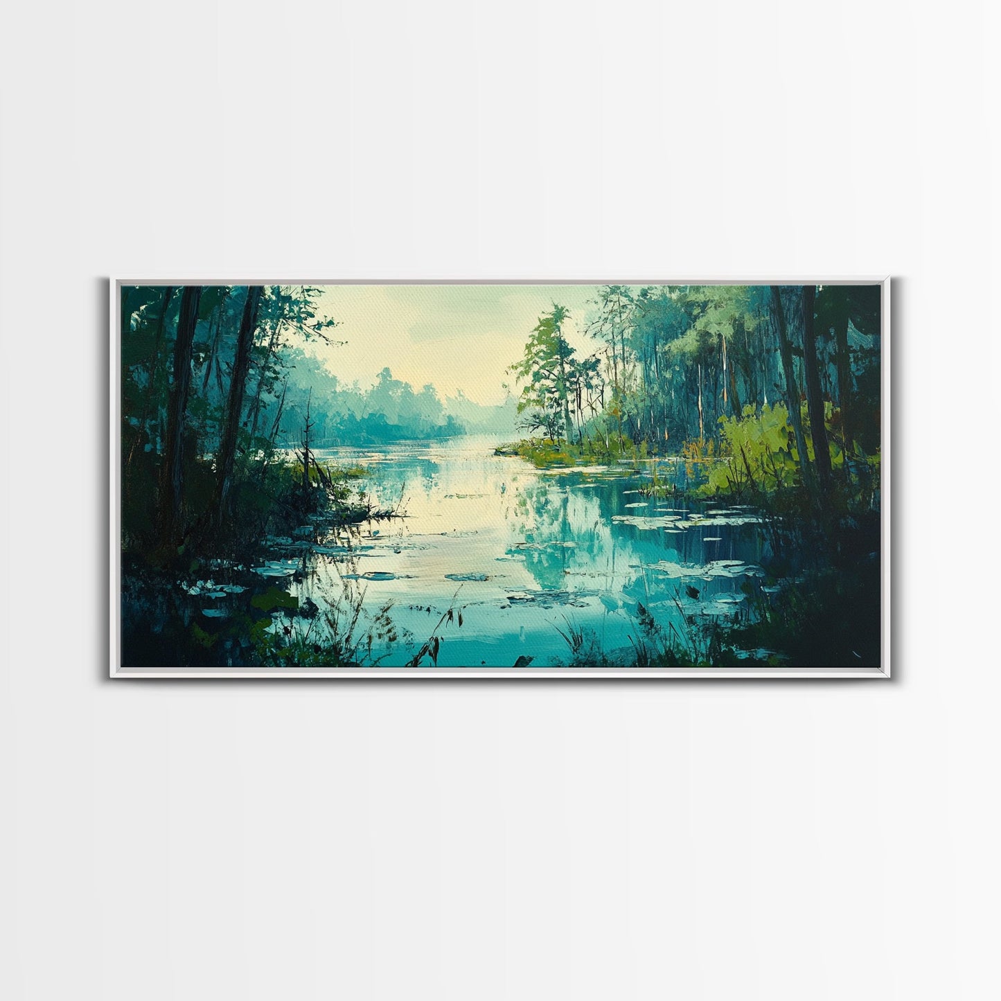 Tranquil lake, misty trees, landscape painting, extra wide art, wabi sabi art, minimalist art, framed canvas print, above couch art