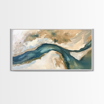 Abstrakter Fluss, neutrale Landschaft, Panoramabild, Leinwanddruck, Wabi-Sabi-Kunst, rustikale Wandkunst, Wandbild für über dem Bett, minimalistische Kunst