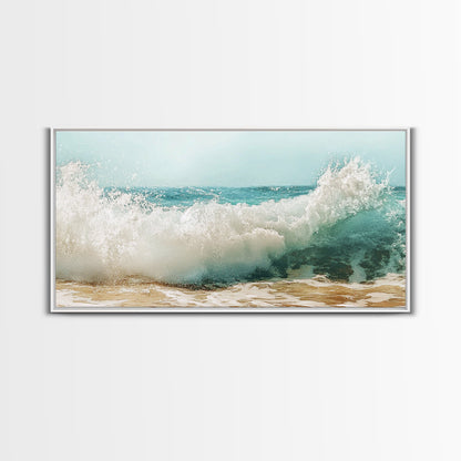 Meereswelle, Strandspritzer, Panoramabild, gerahmter Leinwanddruck, Surf-Wandbild, nautische Dekoration, Küsten-Wandbild, extra breites Bild