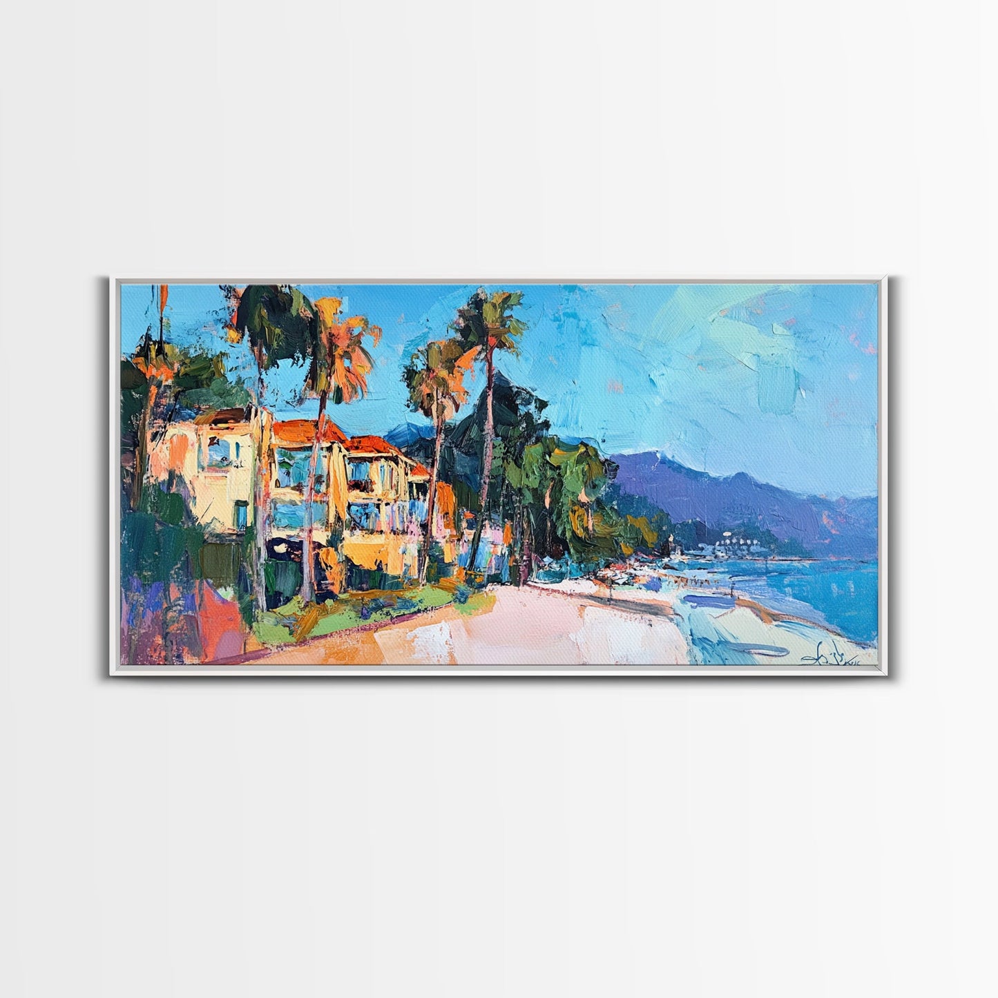 Beach House, Coastal Landscape Art, Framed Canvas Print, Hawaii Art, Coastal Wall Art, Surf Wall Art, Nautical Decor