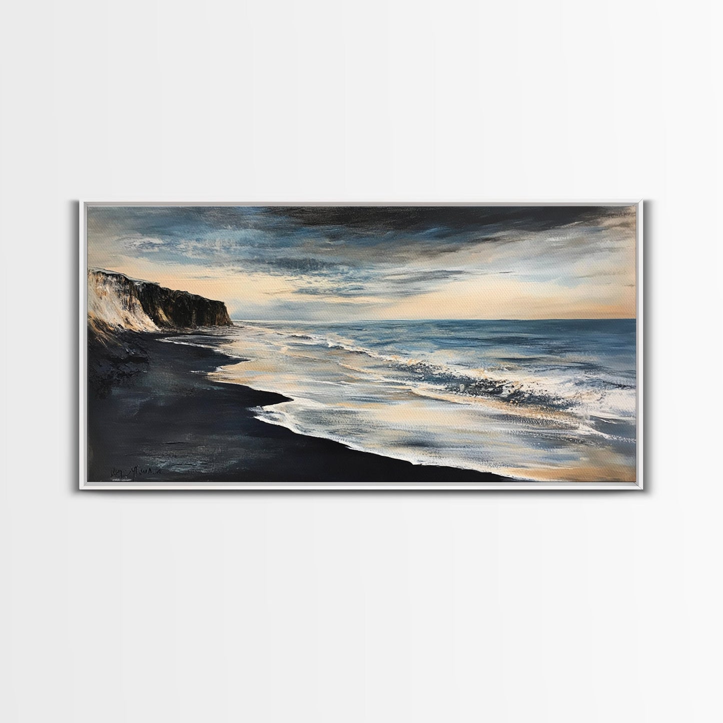 Moody beach, dark ocean, seascape painting, panoramic art, extra wide art, nautical painting, framed canvas print, above sofa art