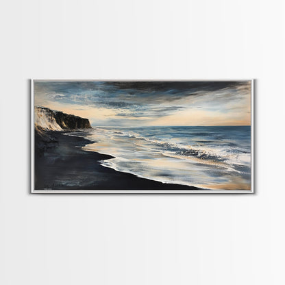 Moody beach, dark ocean, seascape painting, panoramic art, extra wide art, nautical painting, framed canvas print, above sofa art