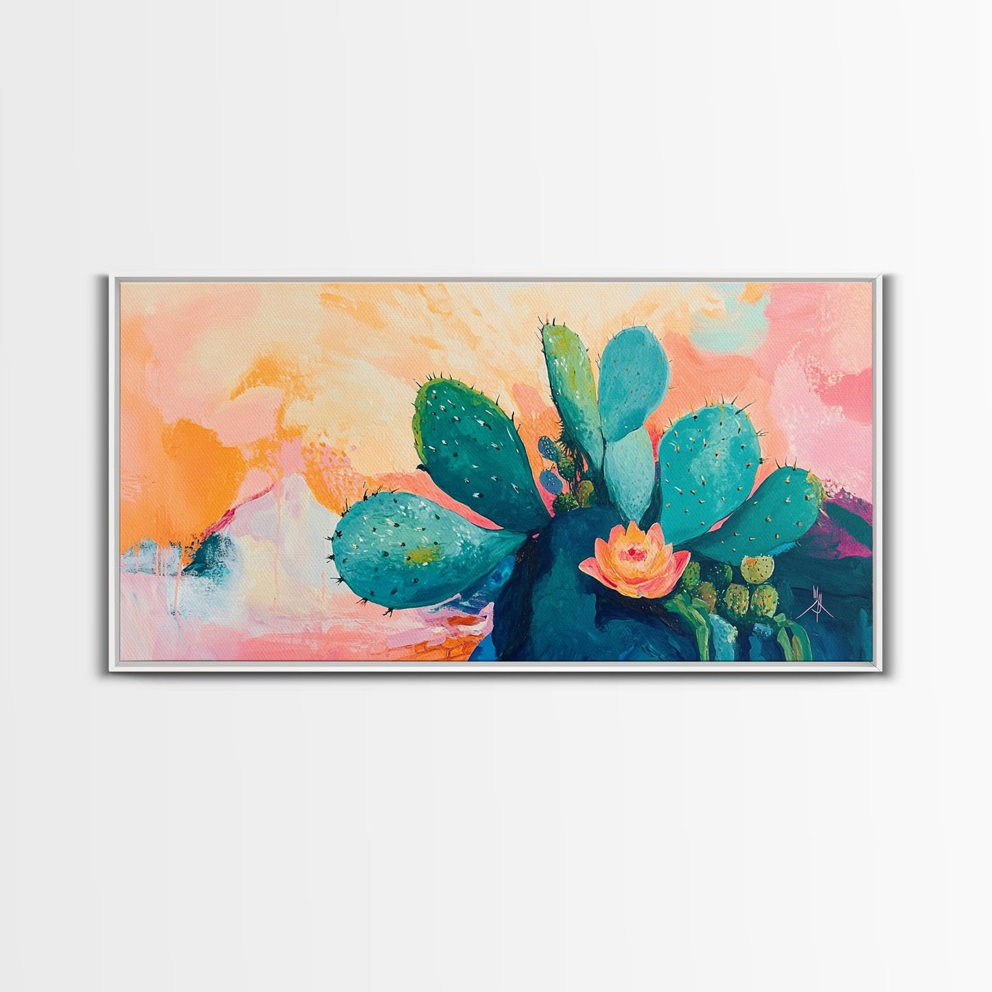 Prickly Pear Cactus, agave painting, southwest wall art, boho art, pink orange wall art, extra wide art, Framed Canvas Print