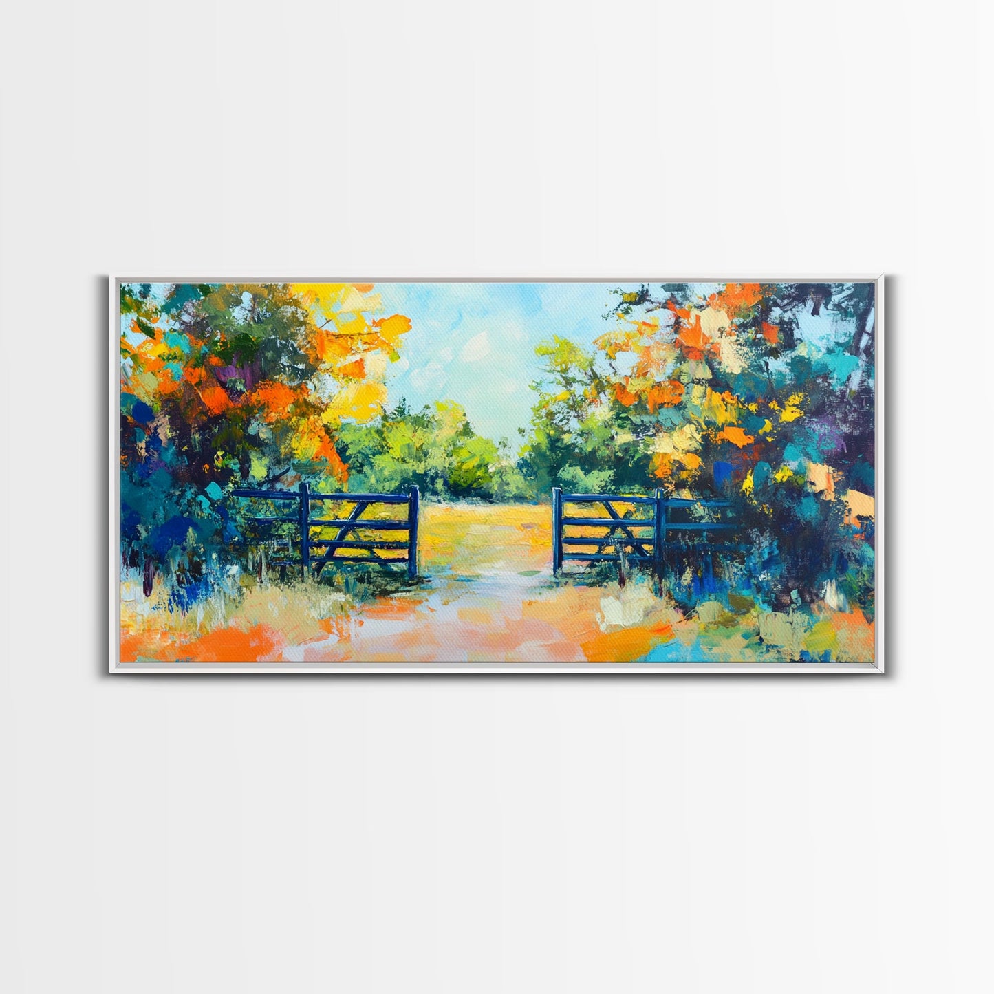 Open Gate, countryside painting, landscape art, framed canvas print, autumn wall art, farmhouse decor, rustic art, extra wide art