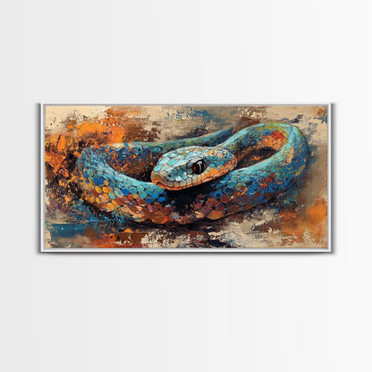 Blue Snake, abstract animal art, framed canvas print, moody art, wildlife painting, bold colors, rustic decor, modern wall art
