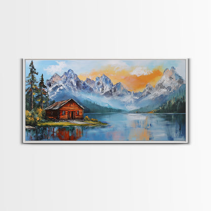 Mountain Cabin, Rustic Art, Lake Tahoe Art, Above Sofa Art, Landscape Painting, Bedroom Art, Framed Canvas Print, Farmhouse Art