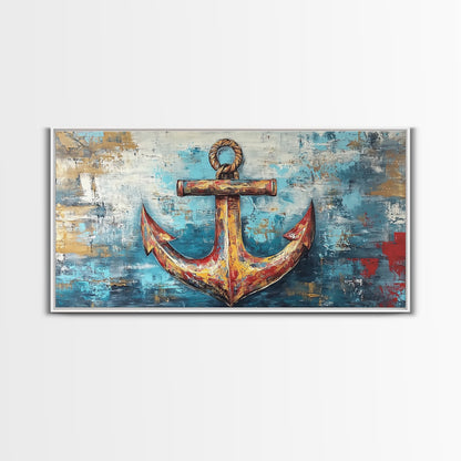 Nautischer Anker, Küstendeko, Rustikale Wandkunst, Extra breites Bild, Nautische Wandkunst, Horizontale Wandkunst, Gerahmter Leinwanddruck, Wohnzimmerkunst