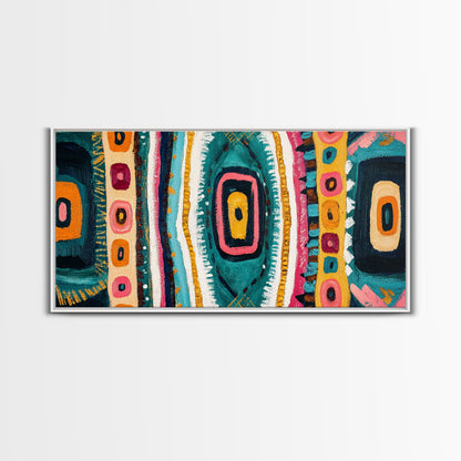 Geometric Abstract, bold colors, sacred geometry art, tribal design, vibrant patterns, extra wide art, Framed Canvas Print, boho art