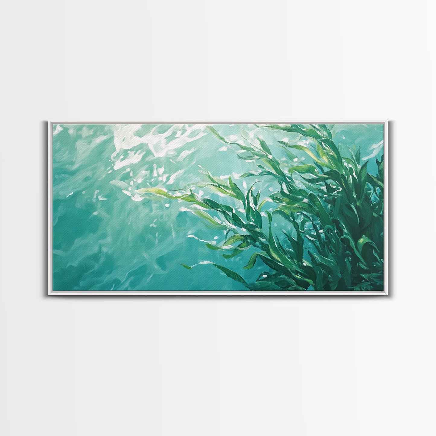 Kunst aus Kelpwäldern, Küstenlandschaften, maritime Wandbilder, gerahmte Leinwanddrucke, vom Meer inspirierte Kunstwerke, Wandbilder in Blau und Grün