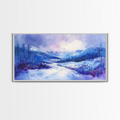 Snowy Mountain Art, Winter Landscape, Framed Canvas Print, Above Couch Art, Panoramic Painting, Mountain Painting