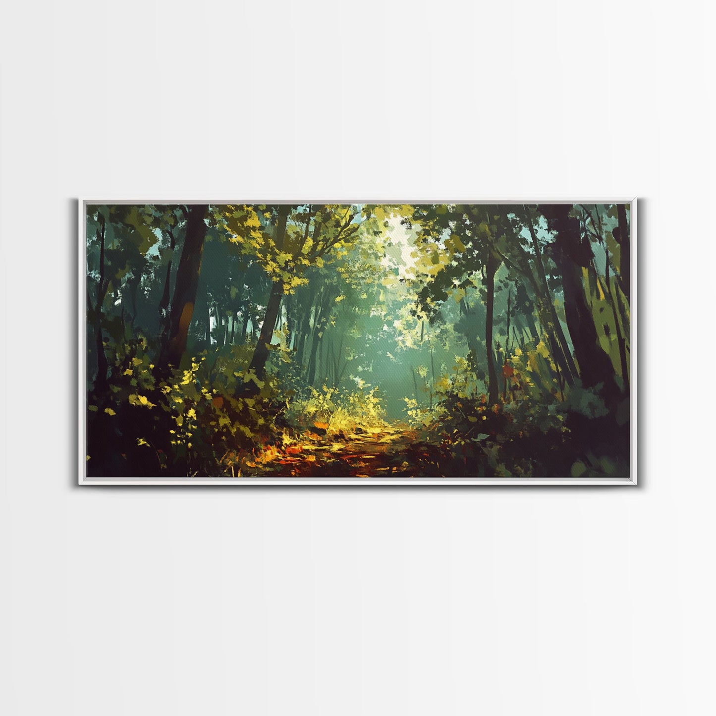 Forest Path, Sunlit Trees, Green Wall Art, Nature Landscape, Panoramic Painting, Rustic Wall Art, Framed Canvas Print